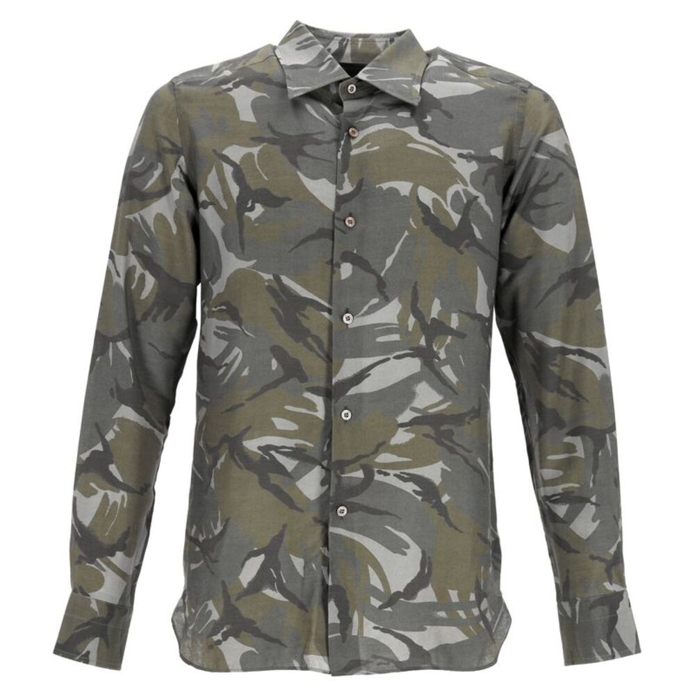 Tom Ford Camouflage Print Long Sleeve Shirt in Khaki Viscose